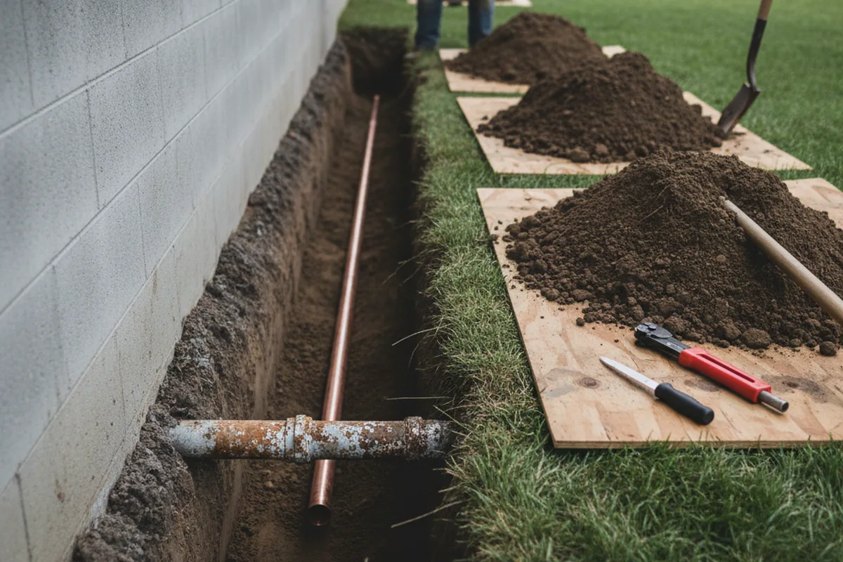 Excavated water line trench during Sewer Line Repair in Sun Valley